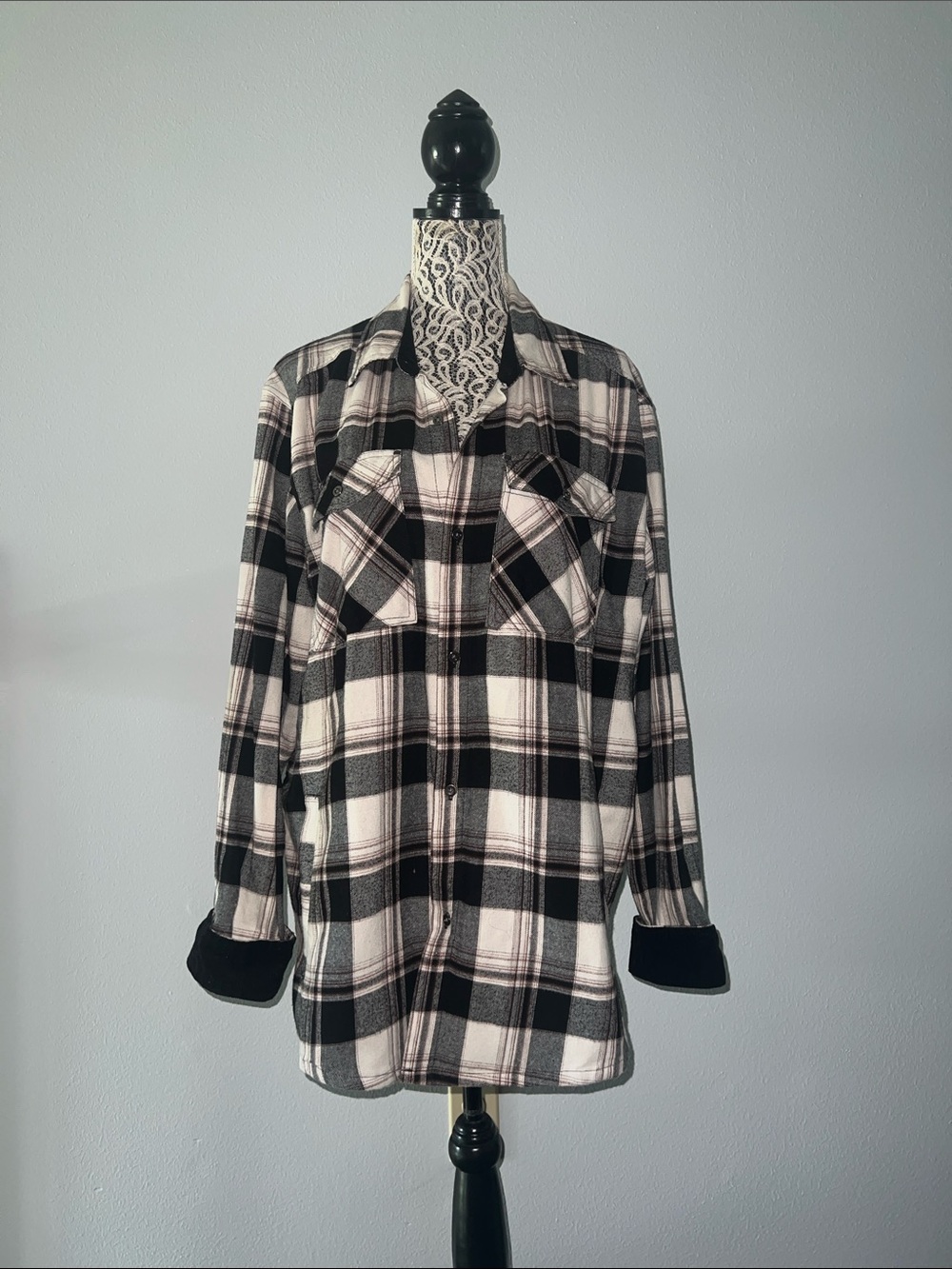 Button-Down Plaid Shirt - Black and White